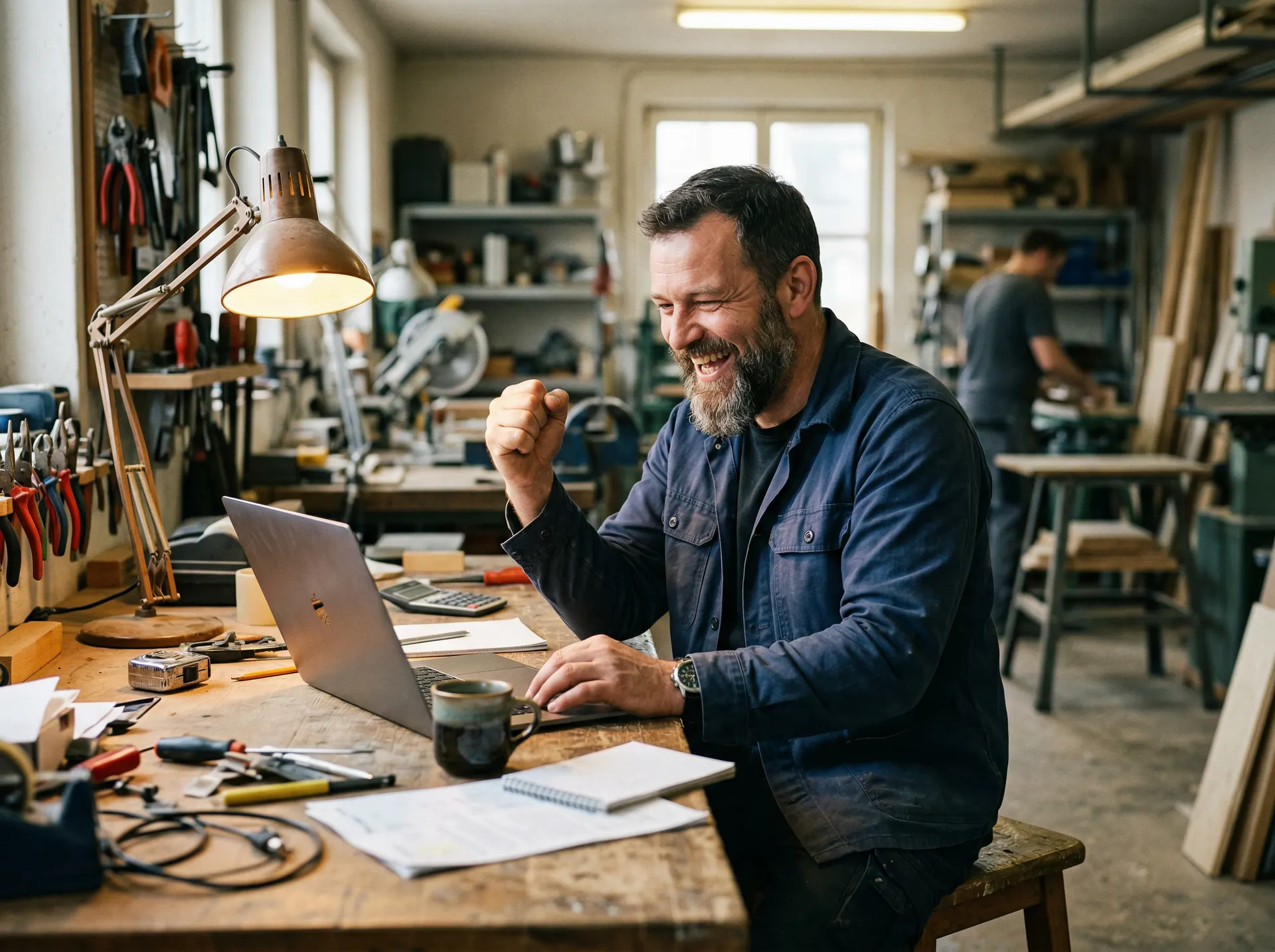 Handwerker freut sich über neue Kundenanfragen